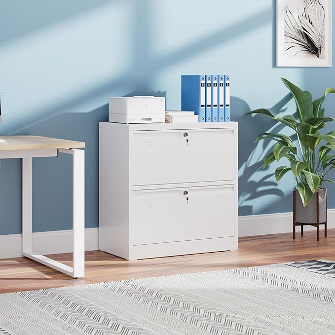 Metal 2 Drawer Lateral File Cabinet with 2 Lock - Wide Filing Cabinet for Letter/Legal/F4/A4 Hanging Files - Includes Business Card Holder,Home Office School Storage,White