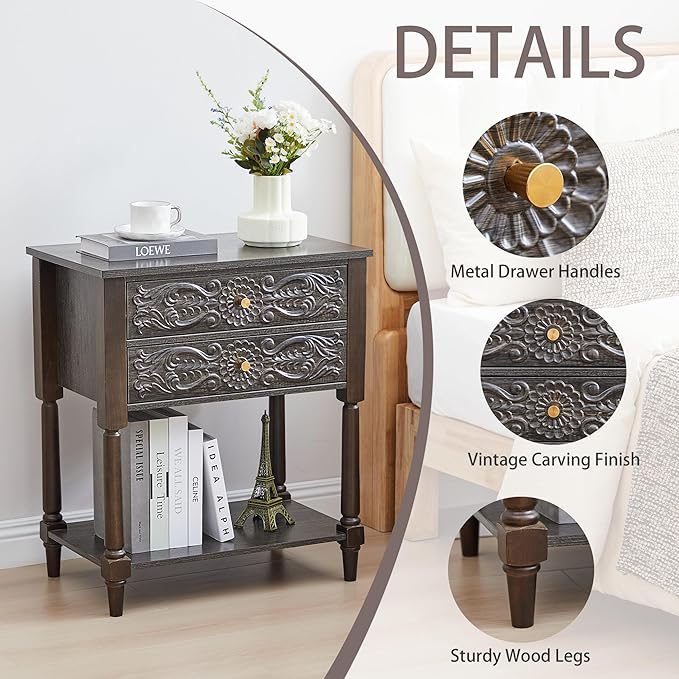 Nightstand, Farmhouse Bedside Table with 2 Drawers and Open Shelf, Wood Sofa Side Table End Table Accent Dresser for Bedroom, Living Room (with Shelf, Grey)