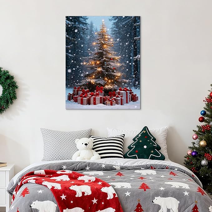 Framed Christmas Pictures Wall Decor,Vintage Pine Tree Prints,Winter Christmas Canvas Wall Art Decoration for Bedroom Bathroom Living Room Rustic Xmas Holiday Gifts (Christmas Tree 14, 20'' X 32'')