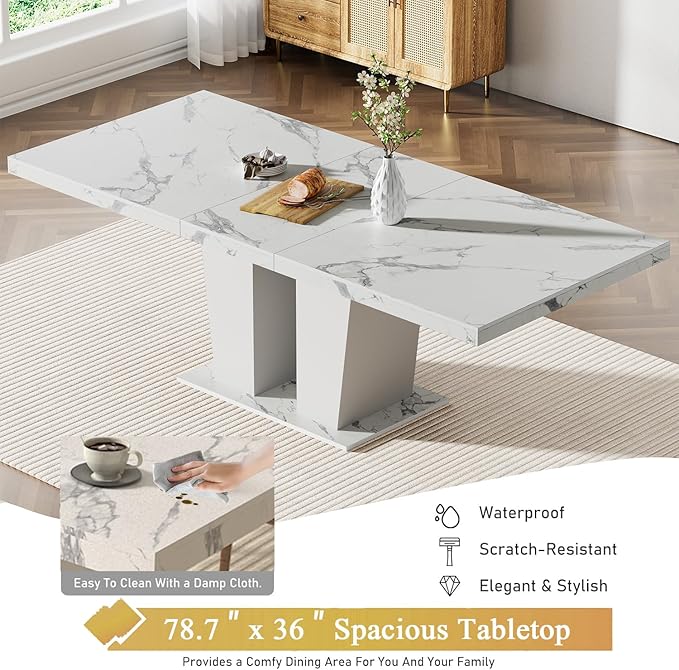 Goujxcy 9-Piece Extendable Dining Table Set for 6-8 People 63-78 Inch Kitchen Table Set with 8 Blue Upholstered Chairs Modern White Faux Marble Rectangular Dining Room Table Set for Kitchen Apartment
