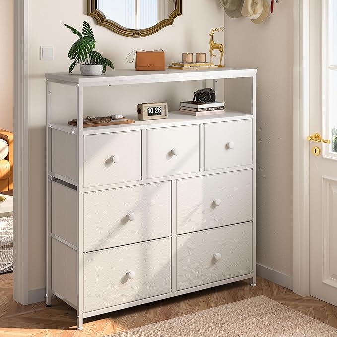 EnHomee Dresser for Bedroom with 7 Drawers and 2 Shelves,Tv Stand for Bedroom White Fabric Dresser for Closet,Hallway,Entryway,Dormitory