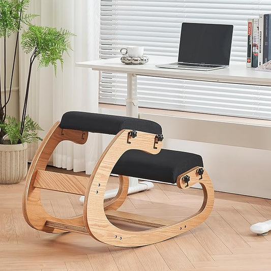 Ergonomic Kneeling Chair,Adjustable Rocking Knee Chair for Home Office,Wooden Office Chair for Back Pain Relief,Black