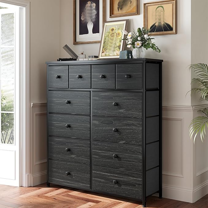 Dresser for Bedroom with 12 Drawers Tall Dressers for Bedroom Fabric Dressers & Chest of Drawers with Sturdy Metal Frame, Wood Top, for Woman, Closet, 40.6" W x 11.8" D x 44.5" H (Charcoal Black)