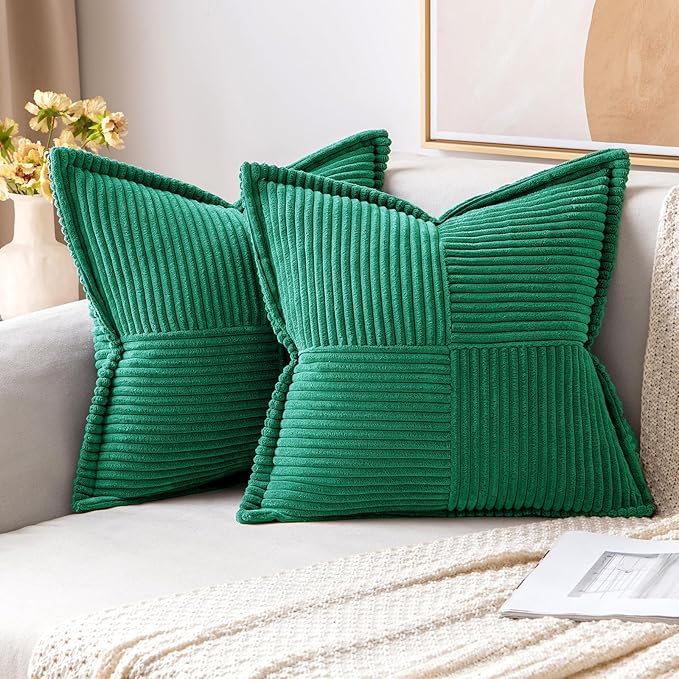 MIULEE Christmas Decorative Throw Pillow Covers for Couch Bed Livingroom 18x18 Inch Set of 2 Emerald Green Boho Accent Throw Pllows Broadside Striped Patchwork Soft Corduroy Pillowcases