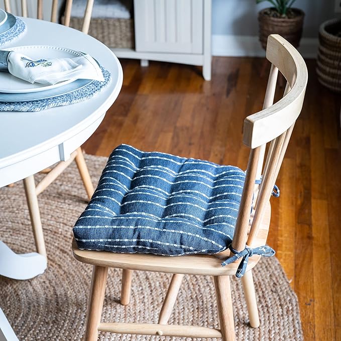 Barnett Home Decor Avante Navy Blue Dining Chair Cushions - 16.5 x 18 Size Medium Chair Pad - Latex Foam Fill - Reversible - Made in USA (Dark Blue & White Stripe)