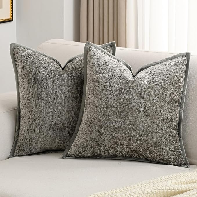 FUTEI Grey Chenille Throw Pillow Covers 20x20 Inch Set of 2,Soft Cozy Bound Edge Design Cushion Case,Home Decor for Couch Bed Living Room