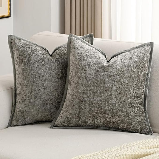 FUTEI Grey Chenille Throw Pillow Covers 20x20 Inch Set of 2,Soft Cozy Bound Edge Design Cushion Case,Home Decor for Couch Bed Living Room