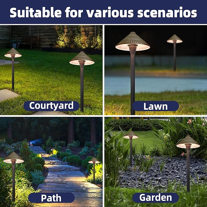 Solid Cast Brass Pathway Lights, 12V Low Voltage Landscape Lighting LED Path Lights with G4 Bulb for Outdoor Walkway, Garden, 23" Tall, 7.5" Shade