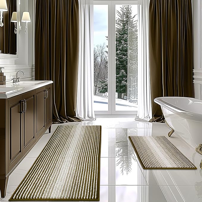 Bathroom Rugs and Mats Sets, 2 Piece Thick Absorbent Chenille Bath Mat Rug Set Non Slip, Soft Shaggy Bath Room Floor Mats for Bathroom, Machine Washable (Coyote Brown, 20" x 60" Plus 20" x 32")
