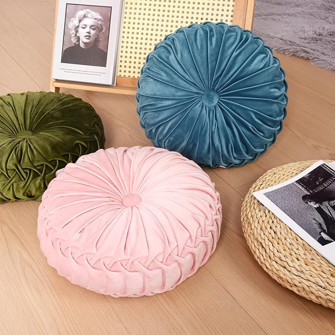 HIG Set of 2 Pink Ruched Velvet Round Throw Pillows – 14.5’’ Decorative Pillows with Soft Polyester Filling for Couch, Bed, Living Room, Bedroom, or Dorm – Handmade, Stress Relieving, All-Season