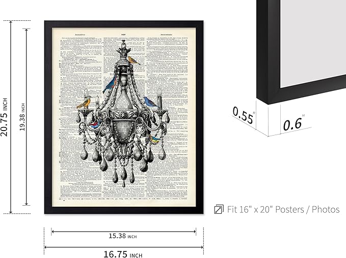 Poster Master Dictionary Art Poster - Antique Chandelier Print - Bird Art - Baroque Art - Gift for Men & Women - Chic Decor for Living Room, Dining Room, Bedroom or Kitchen, 16x20 Black Framed