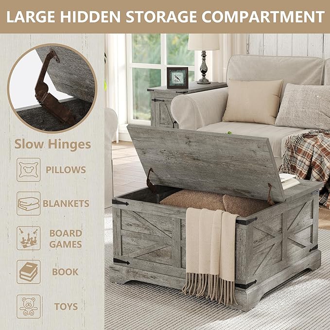 Furnideco Farmhouse Lift Top Coffee Table, Square Wood Center Table with Large Hidden Storage Compartment for Living Room, Rustic Modern Table with Hinged Lift Top, Oak Grey