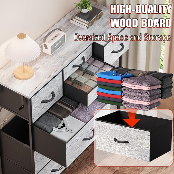 10 Drawer Dresser, Chest of Drawers for Bedroom, Fabric Dresser Drawers with Side Pockets, Hooks, Wooden Top and Sturdy Metal Frame for Living Room, Closet, Hallway (Oak Gray)
