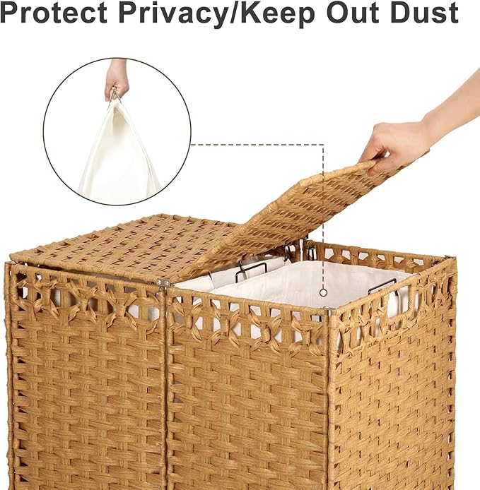 170L Foldable Laundry Hamper with Lid - Handwoven Rattan Storage Basket, 2-Section Clothes Hamper w/2 Removable Liner Bags, Easy Assembly, Portable for Bedroom Bathroom Dorm,Natural