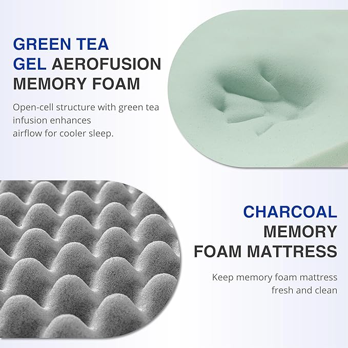 10 Inch Queen Green Tea Memory Foam Mattress for Cool Sleep & Pressure Relief, Bed in a Box, Removable Cover No Fiberglass, CertiPUR-US Certified