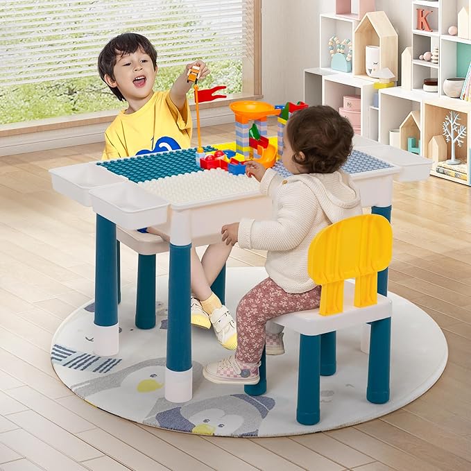 Sandinrayli 7 - in - 1 Kids Activity Table Set with 2 Chairs & 100Pcs Blocks | Water/Sand Play Table for Toddler Age 3-6 (Macaron)