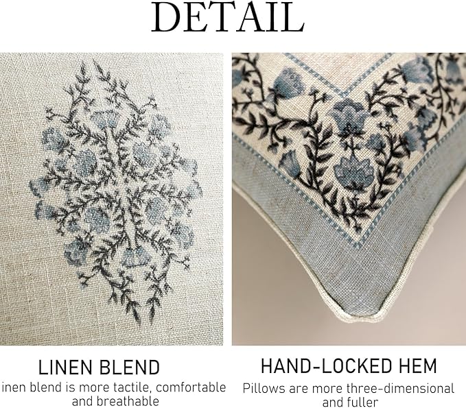 Design Linen Square Throw Pillow Covers 18"x18" Pack of 2, Cottage Farmhouse Cushion Covers with Blue Grey Thorn Vine Pattern Decoration Pillowcases for Bed, Living Room, Outdoor, Car