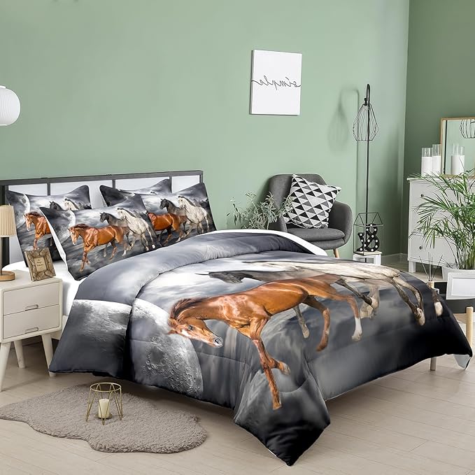 Tailor Shop Horse Comforter Queen Size,Galloping Horse Bedding Set for Kids Teens Girls Boys with 2 Pillowcase…