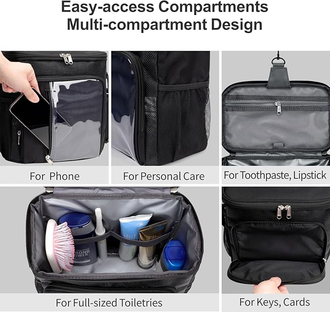 F-color Hanging Shower Caddy Portable - College Dorm Essentials for Guys with Hooks, Quick-Dry Shower Bag for Dorm Travel Gym Camping, Water-Resistant with Multiple Pockets, 2 Packs Black & Purple