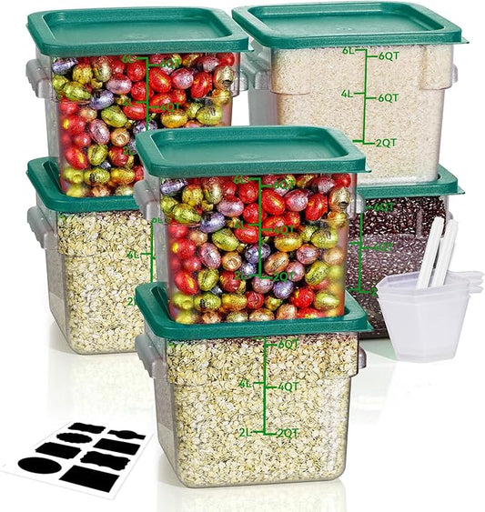 6QT NSF Food Storage Containers: 6PCS [Food Grade][Hot&Cold Resistant] Commercial Clear Food Storage Containers with Lids for Restaurant Kitchen Proof Dough, Measuring Spoons Included(GREEN)