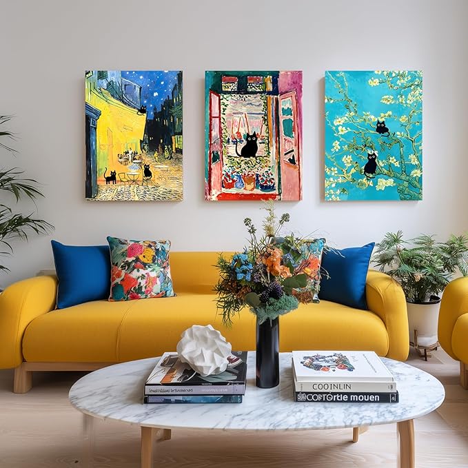FASWQ Whimsical Black Cat Wall Art, Van Gogh Matisse Picasso Wall Decor, Funny Bathroom Canvas Paintings, Cute Animal Aesthetic Pictures for Living Room Kids' Room Framed Ready to Hang 12"x16"x3