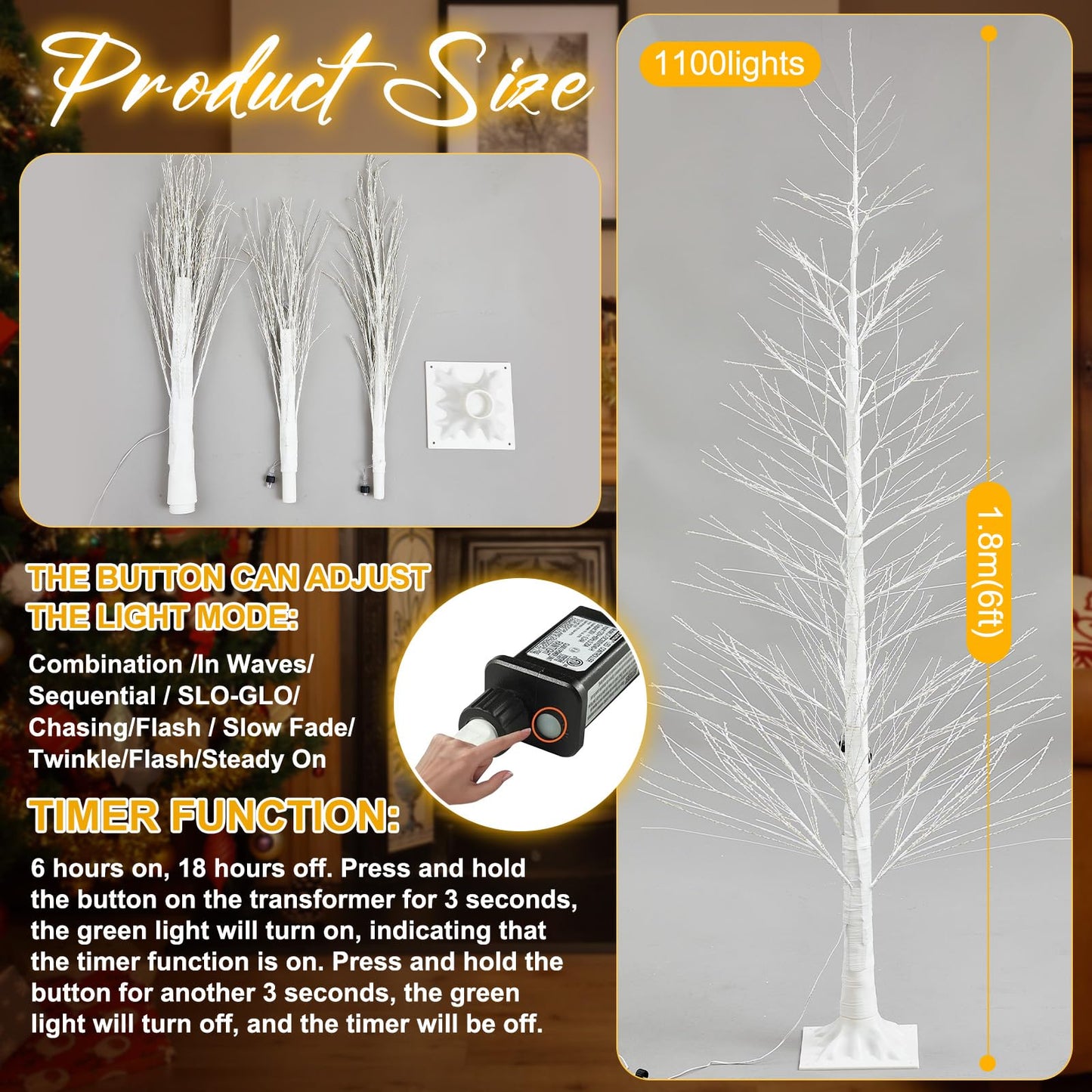 Rossesay 1 Pack 6ft-1100led Christmas Lighted Birch Tree LED Warm White Lights Twinkle Twig Artificial Tree Light for Outdoor Indoor Home Holidays Party Decorations, 8 Modes