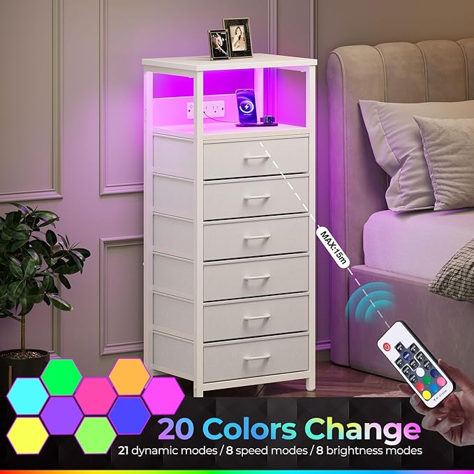 Seventable Night Stand with Charging Station, Tall Nightstand with 6 Fabric Storage Drawers, Side Table with LED Light for Bedroom, Entryway, White, Set of 2