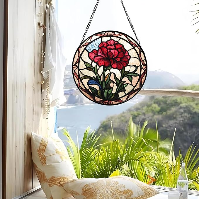 Stained Glass Window Hanging - Red Carnation Birth Flower Sun Catcher for Door Garden Home Decor Suncatcher Christmas Mother's Day Birthday Gifts for Women Men Mom Nana Friend Wife 7.8 in