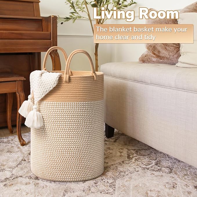 INDRESSME 60L Laundry Basket for Clothes, Blanket Storage, Toys - Woven Rope Hamper for Bedroom, 19.7 x 13.8 Inches