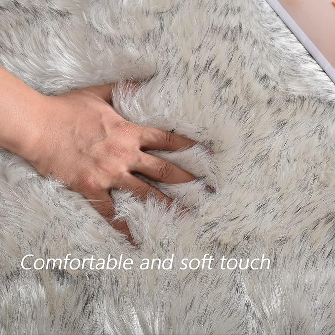 Latepis 12x12 Rugs for Living Room Super Large Faux Sheepskin Fur Rug White with Grey Tips Area Rugs Sofa Fluffy Rug Shag Rug for Bedroom Home Office Entertainment Room, Square