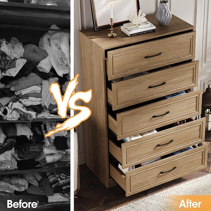 Fameill Dresser for Bedroom, 5 Drawer Tall Dresser Organizer, TV Stand for Livingroom, Chest of Drawers with Metal Handles, Oak