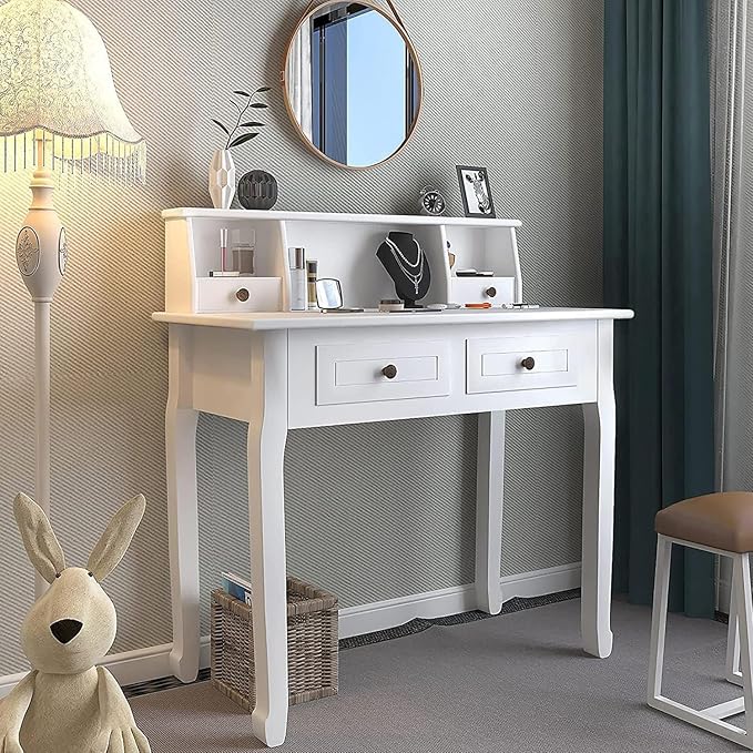 Kids Study Desk, 32" Small Wooden Writing Desk with 4 Drawers for Home Office, 6-16 Years Girls Boys Study Table with Hutch for Bedroom Study Room, Compact Computer Desk, Vanity Makeup Table, White