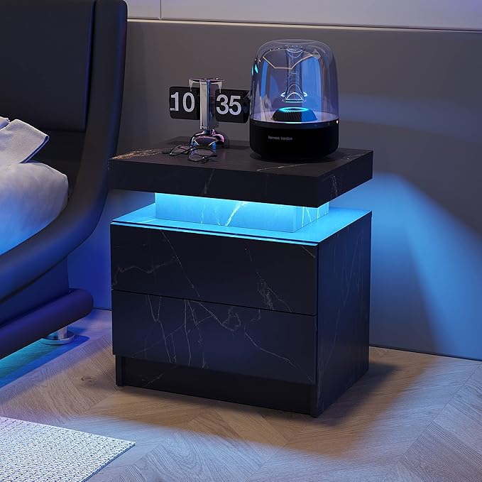 LED Nightstands, Bedside Table with 2 Drawers, Modern Bedroom Furniture with Changing RGB Light & Remote for Bedroom and Living Room, Black Marble Pattern