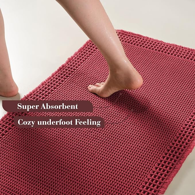 RESARE Waffle Bath Mat for Bathroom, Super Absorbent Bathroom Rugs Non Slip Machine Washable, Ultra Soft Quick Dry Boho Bath Rugs with Tassels for Floor, Upgraded Bordered Design, 17"x24" Red