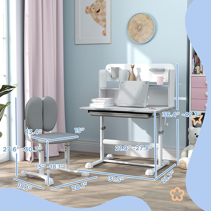 Qaba Kids Desk and Chair Set, Height Adjustable Kids School Study Desk and Chair Set with Tilt Desktop, Storage Drawer and Reading Rack for Writing, Reading and Drawing, Gray
