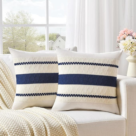 Fancy Homi Set of 2 Navy Blue Euro Decorative Throw Pillow Covers 26x26 Inch for Couch Bed Sofa Living Room, Aesthetic Modern Organic Farmhouse Home Decor, Soft Cotton Woven Textured Cushion Case