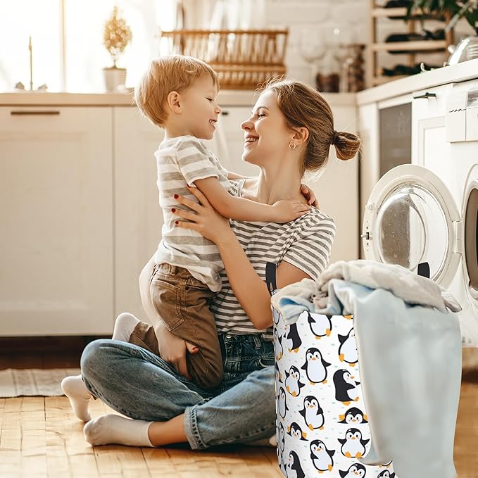 Laundry Hamper, Cute Penguins Laundry Basket,Waterproof Foldable Storage Bin for Bedroom,Clothes Organizer Basket,Toys Box 16x20 Inch