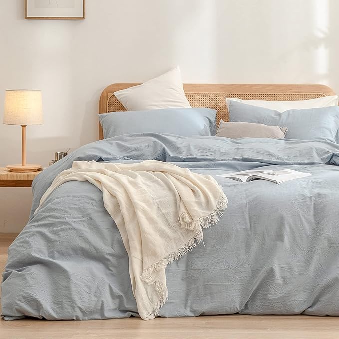 BESTOUCH Duvet Cover Set 100% Washed Cotton Linen Feel Super Soft Comfortable Chic Lightweight 3 PCs Home Bedding Set Cornflower Blue King
