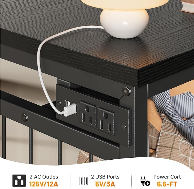 EnHomee 49.2" W Dresser for Bedroom with Hanging Rack 6 Drawers Dresser with LED Lights & Charging Station, Fabric Dressers & Chest of Drawers with Clothes Rack, Wooden Top, Grid Panel, Closet, Black