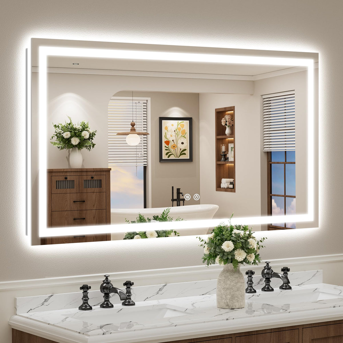 VEEYLOS 55x30 Inch LED Bathroom Mirror with Lights, Backlit & Front Lit