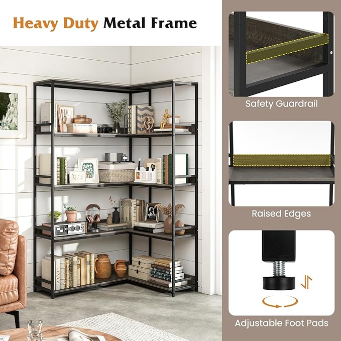 Tangkula Large Corner Bookshelf, 90 Degrees 5-Tier Industrial Wood Open Corner Bookcase for Small Spaces, Heavy-Duty Metal Frame, 71”H L-Shaped Storage Display Rack for Living Room (Oak)