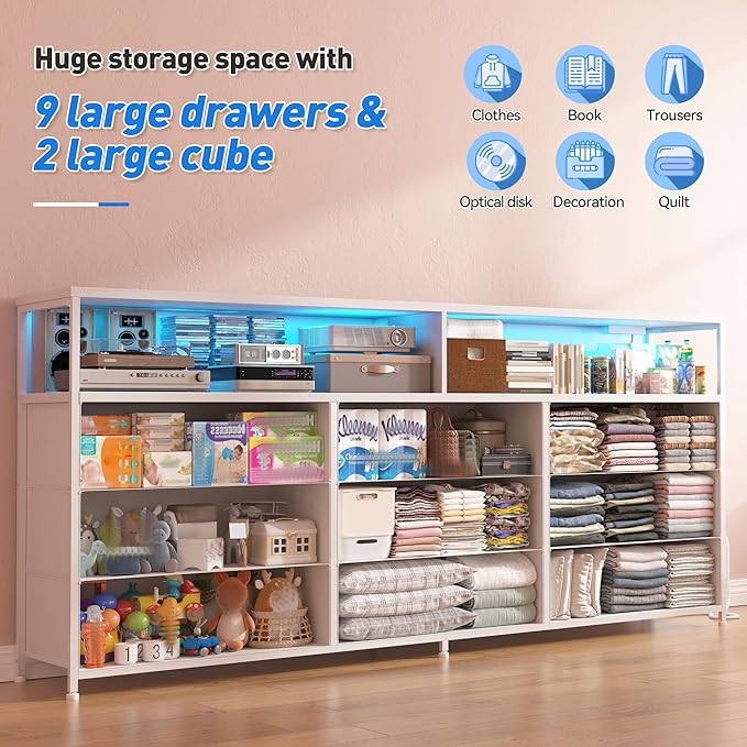 55” W White Dresser for Bedroom with Charging Station & LED, 65" TV Stand for Bedroom with 9 Fabric Drawers, Sturdy Chest of Drawers with Open Storage Shelves for Closet, 55.12" Wx11.81 Dx35.43 H