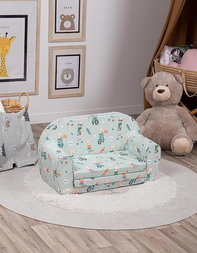 Delsit Toddler Couch & Kids Sofa - Skater Bear, Cotton Fabric, 30"W x 14"D x 17"H, Machine Washable Slipcover
