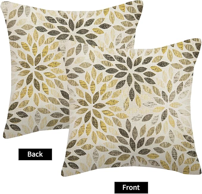 Grey Yellow Black Pillow Covers 16x16 Inch Set of 2 Summer Rust Geometric Flower Outdoor Decorative Throw Pillows Farmhouse Yellow Dahlia Pillow Case Linen Square Cushion Cover for Home Sofa Bedroom