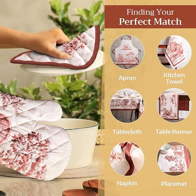 Maison d' Hermine Oven Gloves 100% Cotton Oven Mitt 7" x 13" with Loop Heat Resistant BBQ Cooking Gloves for Thanksgiving Christmas Decorations Baking Handling Hot Pans (Pack of 1, Holy Jouy - Brown)