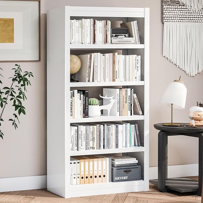 Metal Bookshelf, 5-Tier Bookcase with Adjustable Storage Shelves, White Book Shelf with Book Stopper, Modern Bookshelf for Living Room, Library, Home, Office