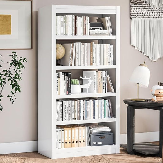 Metal Bookshelf, 5-Tier Bookcase with Adjustable Storage Shelves, White Book Shelf with Book Stopper, Modern Bookshelf for Living Room, Library, Home, Office