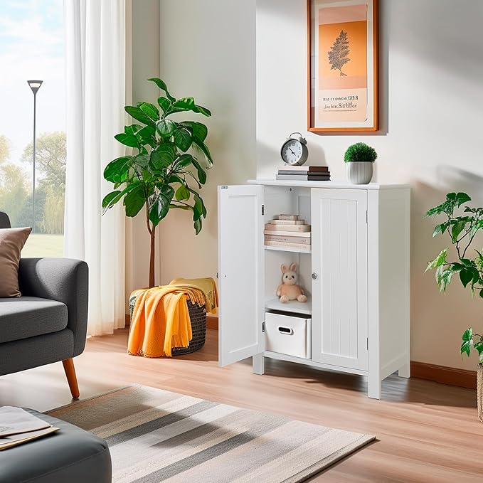 ZENY Bathroom Floor Storage Cabinet with Double Door + Adjustable Shelf, Wooden Organizer Cabinet for Living Room, Bathroom, Bedroom, Modern Home Furniture (White)
