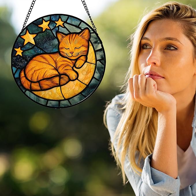 Stained Glass Window Hanging - Orange Cat Sun Catcher for Door Home Decor Stars and Moon Suncatcher Christmas Mother's Day Birthday Loss of a Pet Gifts for Women Men Mom Nana 11.8 in