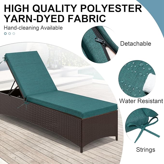Crestlive Products Chaise Lounge Cushions Outdoor Set of 2, Lounge Chair Cushions for Patio Furniture, Waterproof Lounger Cushions for Pool, Deck, Lawn, 72''L x 21''W x 3''T, Malachite